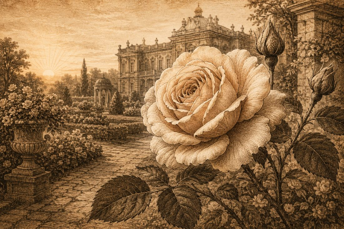 Vintage engraving of a blooming rose in an old palace garden at dawn