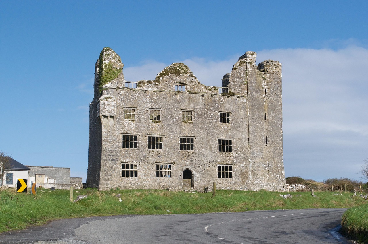 The ruins of a medieval Irish castle set in open country