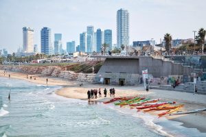 The modern coastal city of Tel Aviv, a symbol of the secular, dynamic side of contemporary Israeli life.