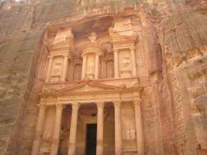 The carved facade of the Treasury at Petra, the rose red Nabataean city of Jordan