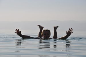 The salt encrusted shore of the Dead Sea, the lowest point on the earth’s surface