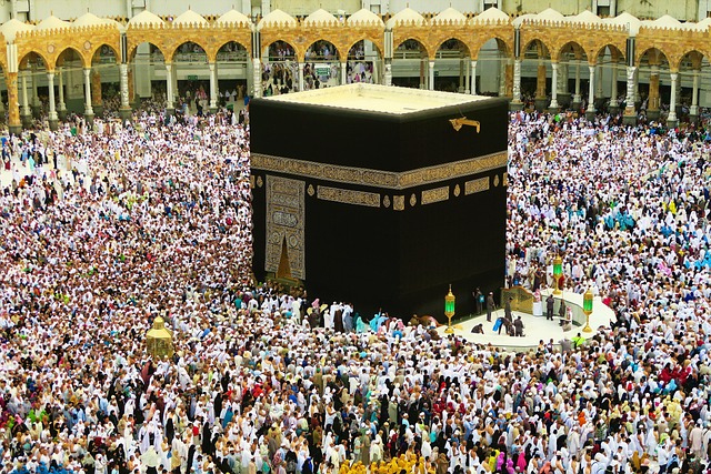 The Kaaba illuminated at night in Mecca