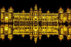 The illuminated Mysore Palace, seat of the Wodeyar kings of Karnataka