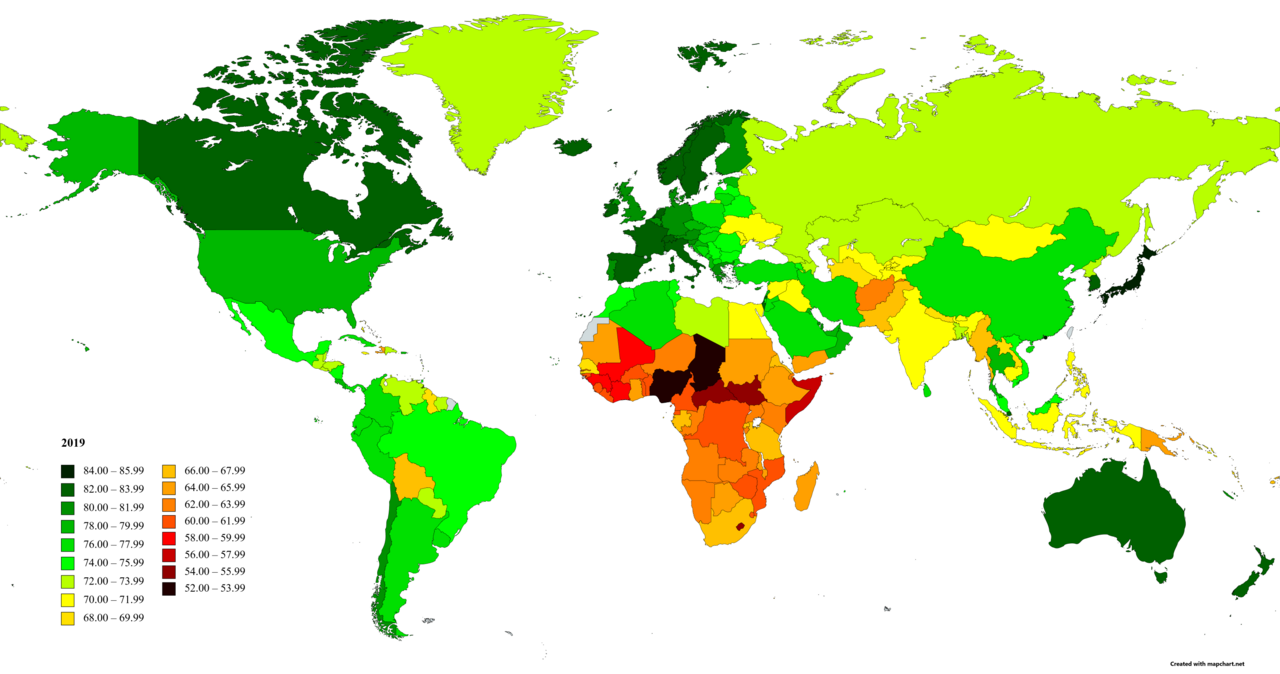 World map shaded by life expectancy