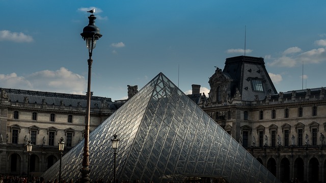 The glass pyramid entrance to the Louvre