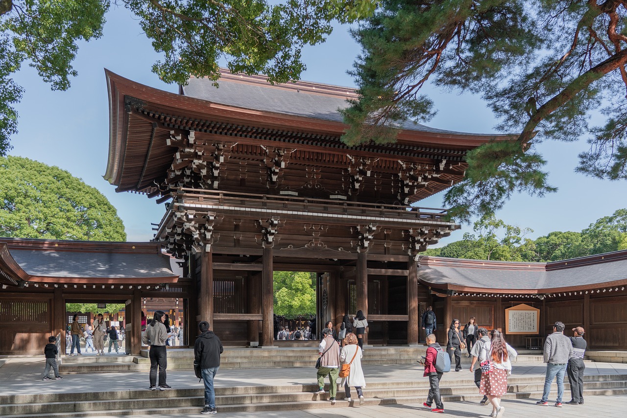 Torii gate and forest path at Meiji Shrine in Tokyo