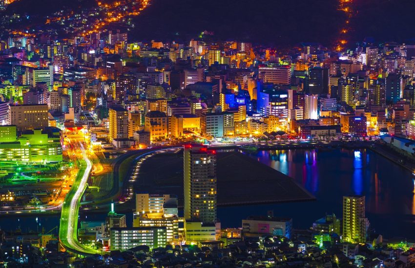 Night view over Nagasaki city, Japan