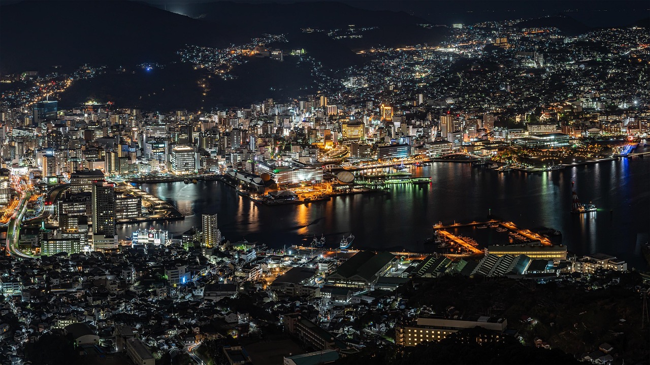 Nagasaki harbor with a sailing ship in the port, Japan