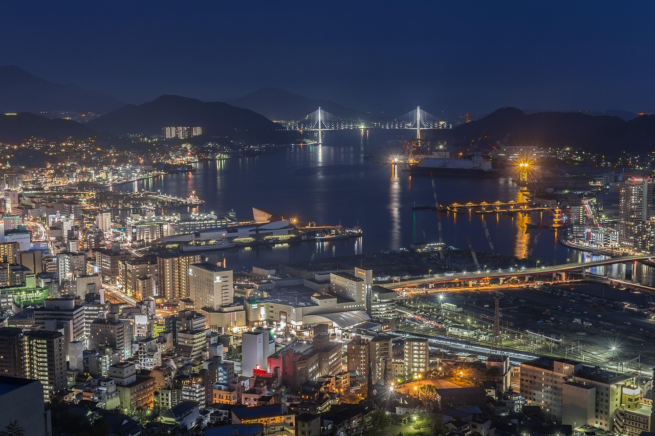 Night view of Nagasaki city lights from above, Japan