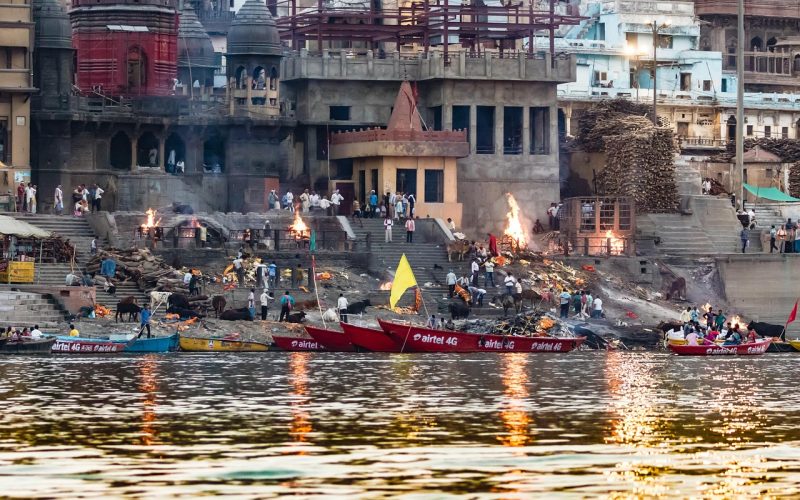 The ghats of Varanasi descending to the holy river Ganges, the spiritual heart of Hindu India