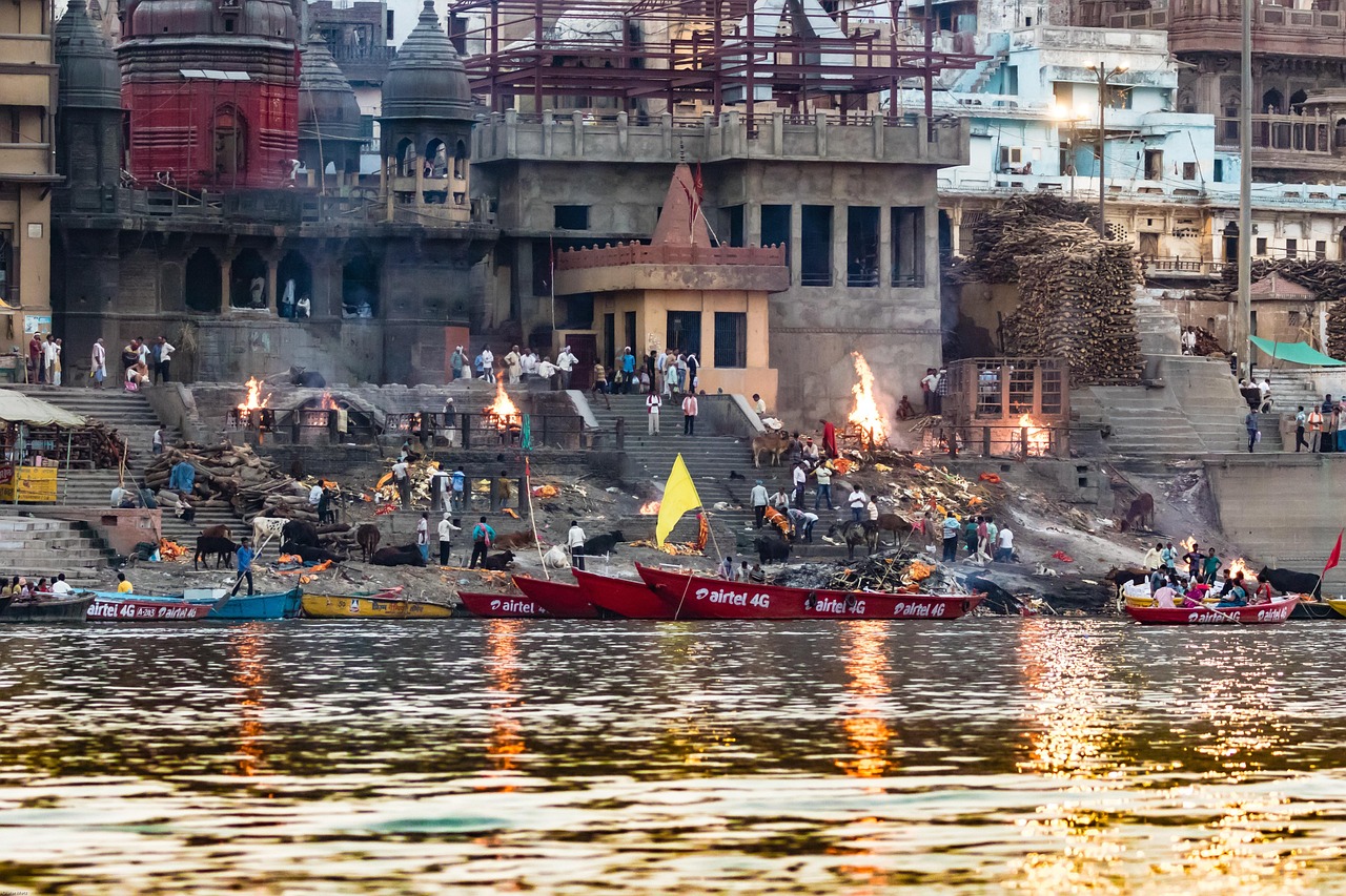 The ghats of Varanasi descending to the holy river Ganges, the spiritual heart of Hindu India
