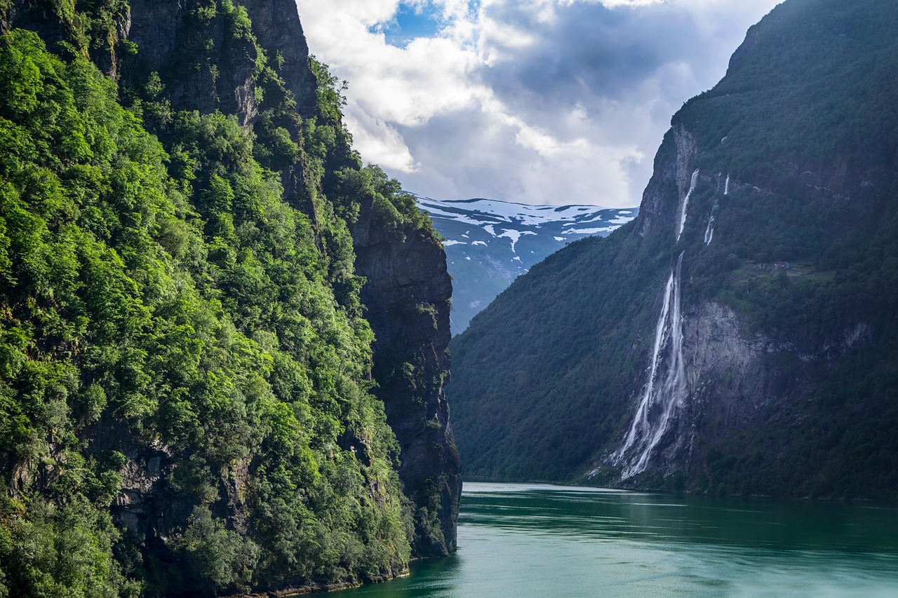 A waterfall tumbling through Norway mountainous interior