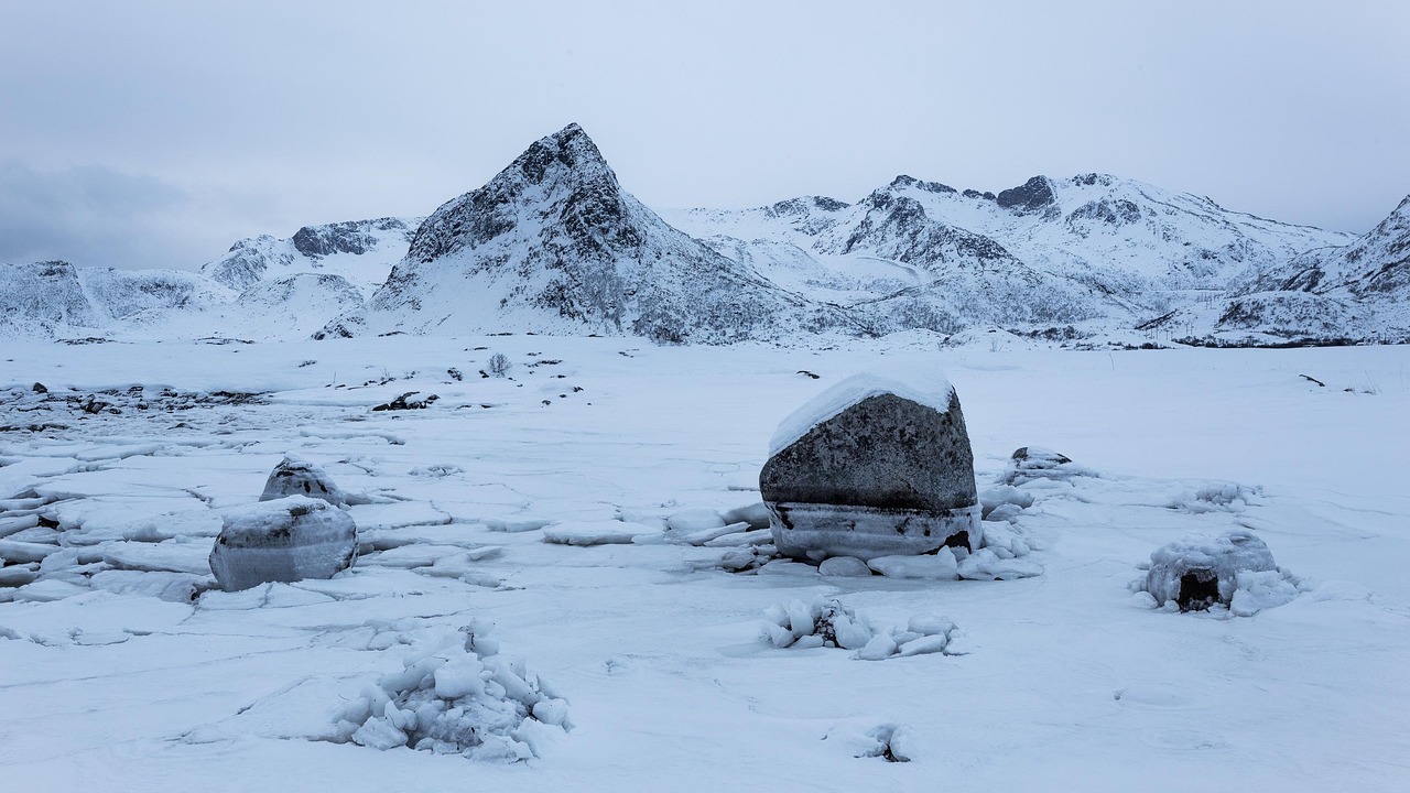 A traditional Norwegian fishing village with red rorbu cabins by the water