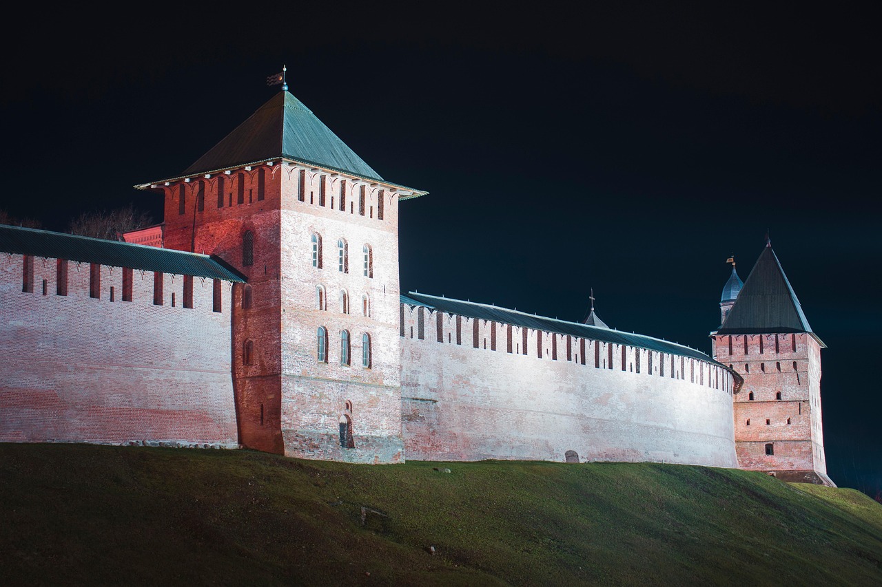 Veliky Novgorod Kremlin illuminated at dusk by the Volkhov River