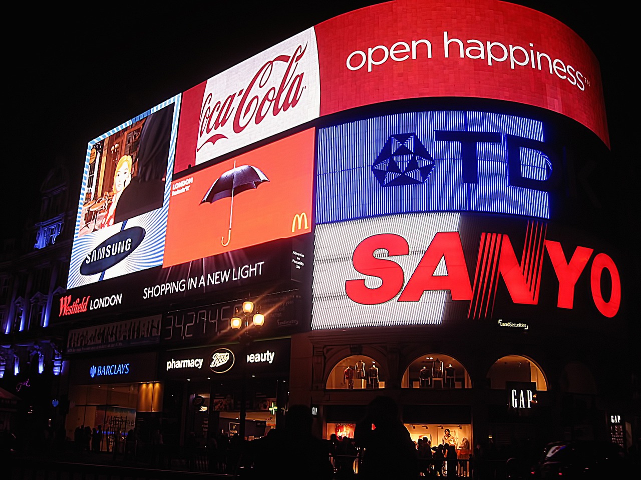 The bright advertising lights of Piccadilly Circus