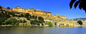 The Amber Fort rising above its lake near Jaipur