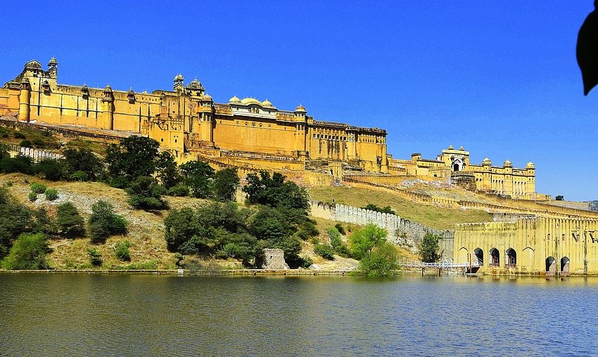 The Amber Fort rising above its lake near Jaipur