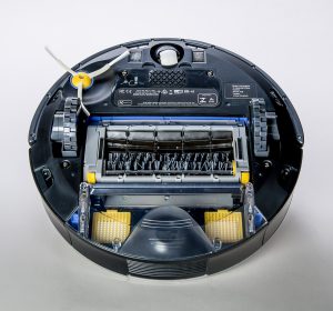 The brushes and wheels on the underside of a robot vacuum