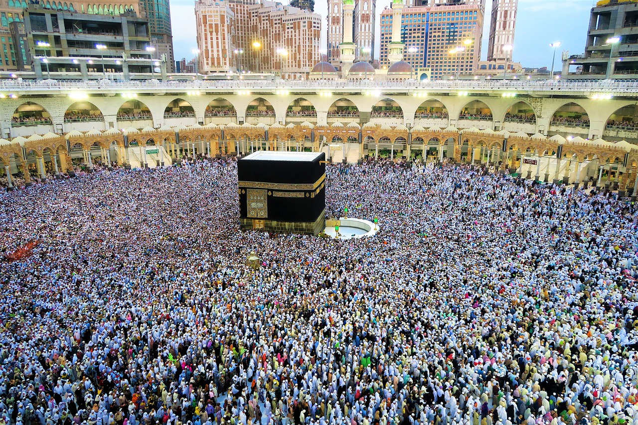 The Kaaba in Mecca, the holiest site of Islam and the focus of the annual Hajj