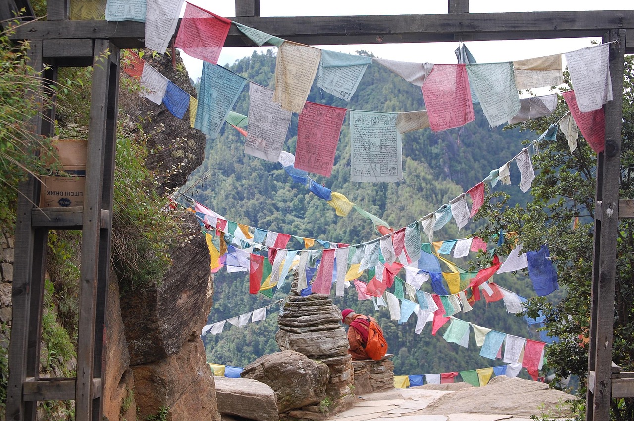 Prayer flags marking a high pass in Bhutan