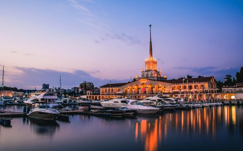 Sochi waterfront and city lights in the evening