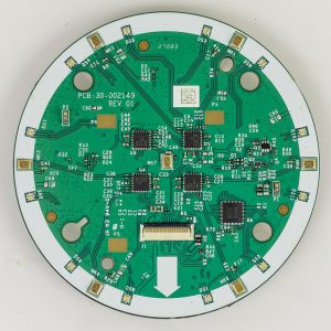 The microphone array and LED board inside a smart speaker