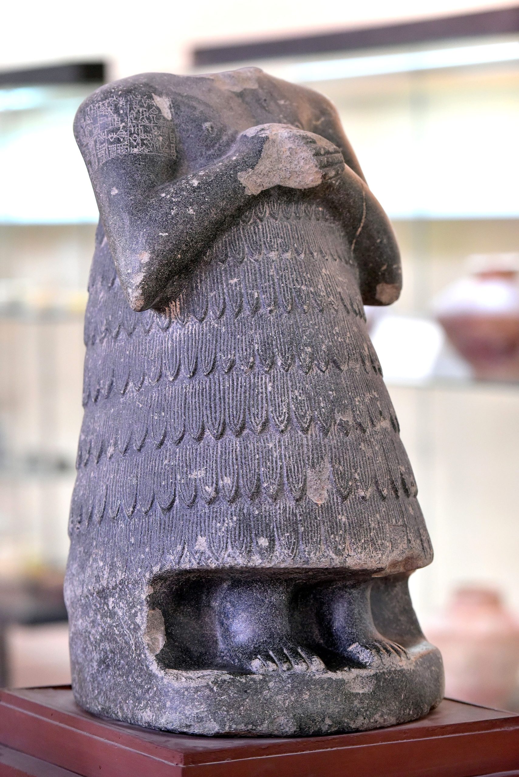 A Sumerian statue of a ruler, hands clasped in prayer. Such figures were placed in temples to stand in perpetual devotion before the gods.