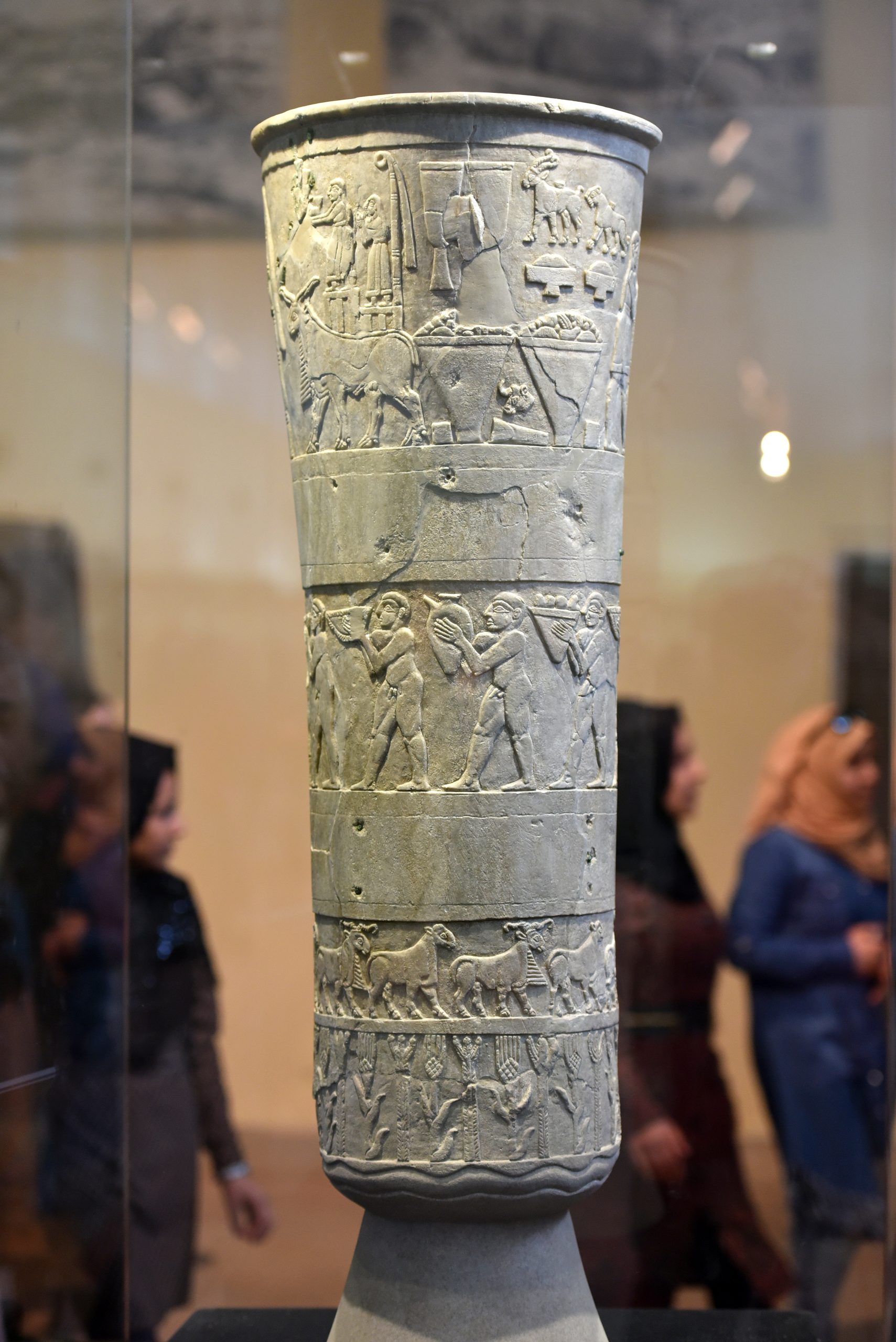 The Warka Vase from Uruk, around 3000 BC. Carved with scenes of offerings to the goddess Inanna, it is one of the earliest narrative artworks in the world.