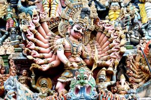 The towering, sculpture covered gopuram of the Meenakshi Temple in Madurai