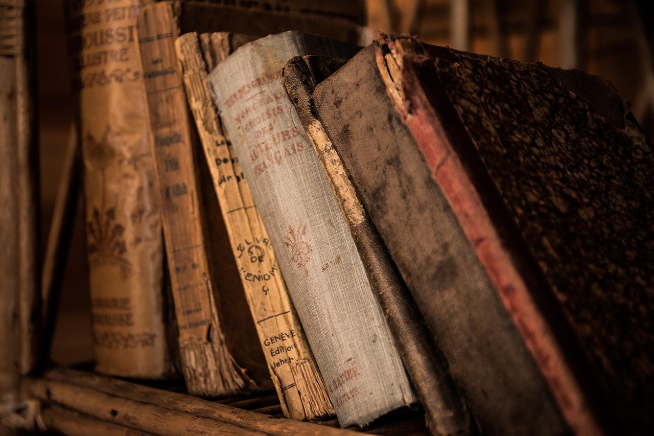 A stack of old leather-bound books