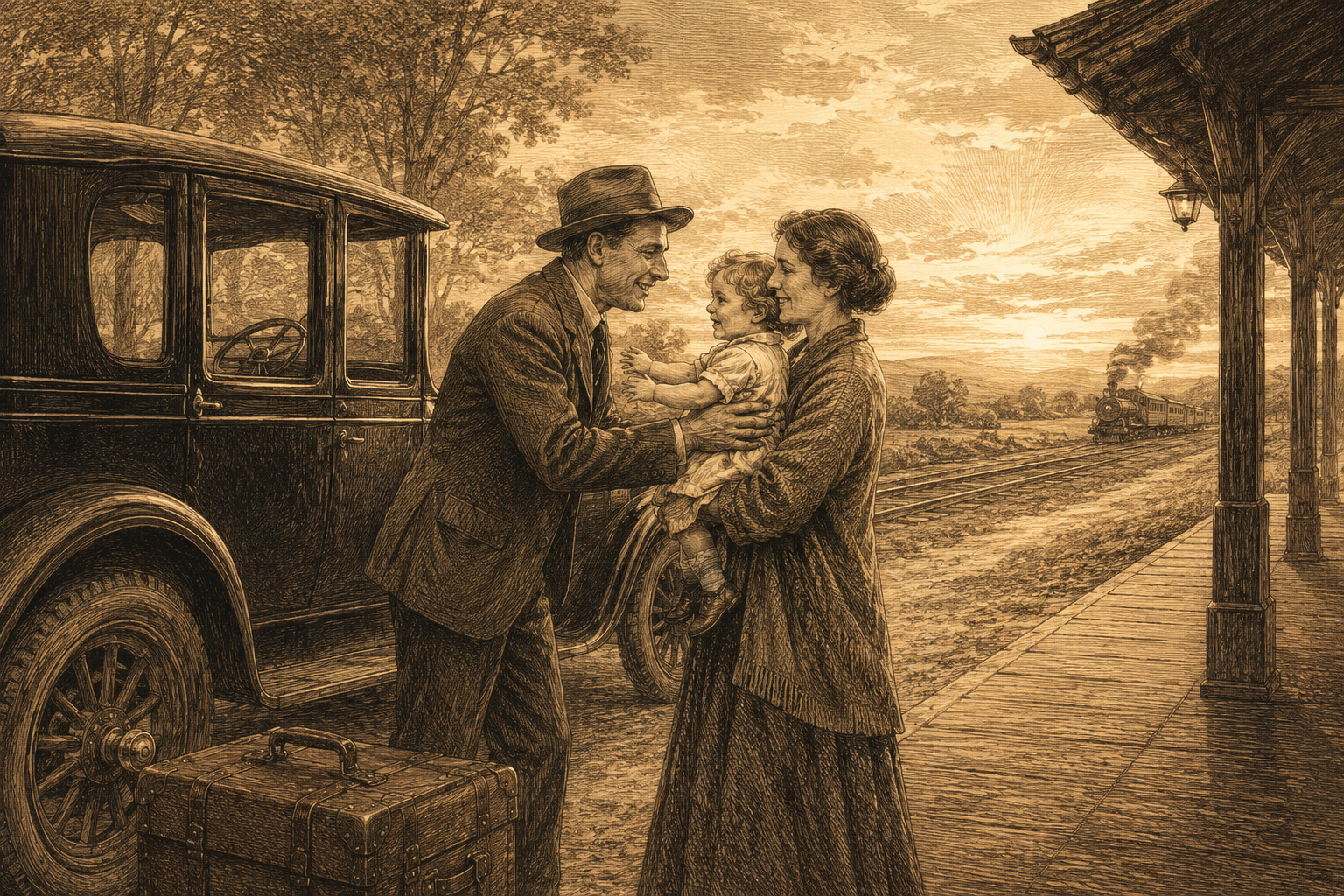 Vintage engraving of a man greeting a woman holding a child beside an old car at a station