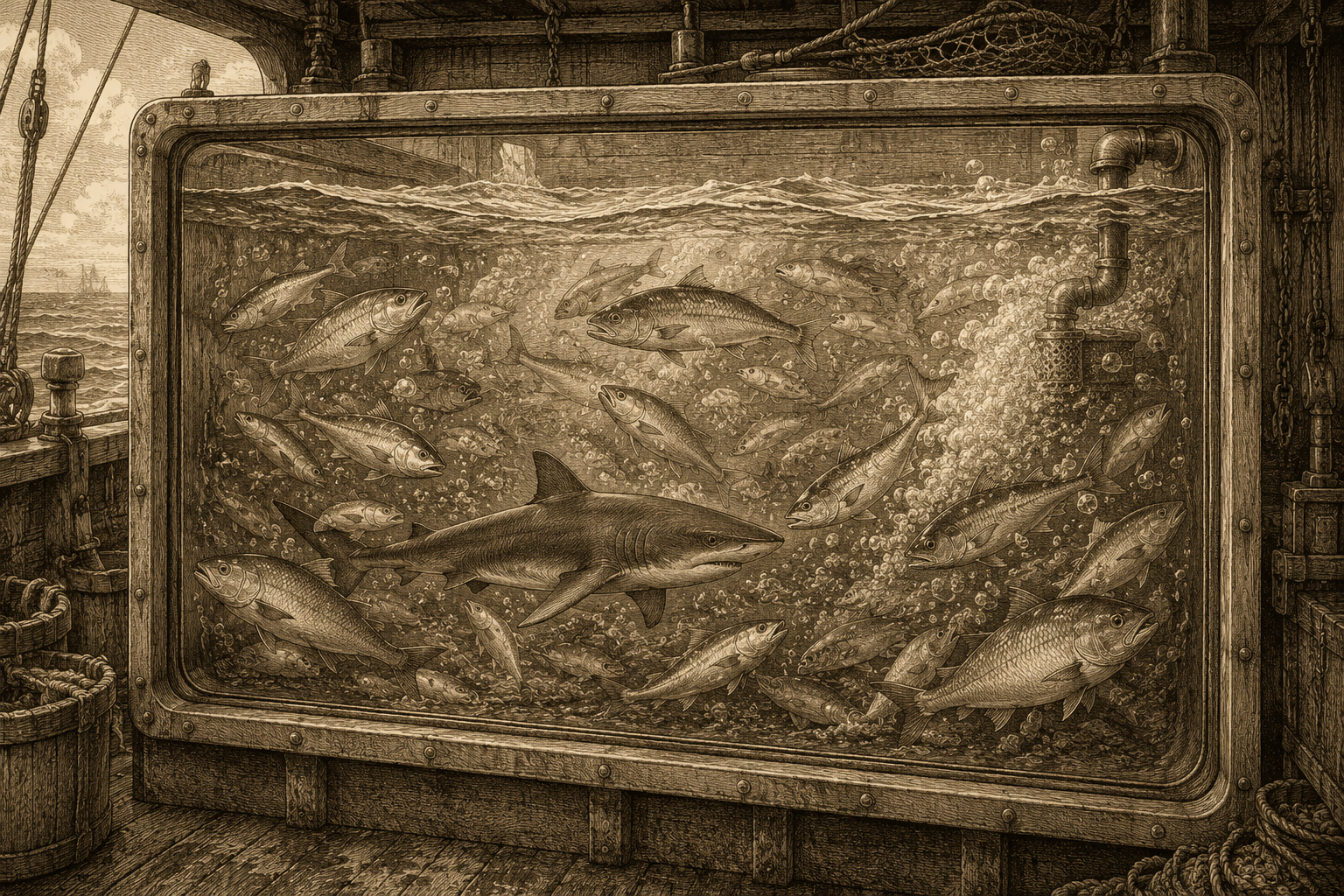 Vintage engraving of lively fish and a small shark in a boat's seawater tank