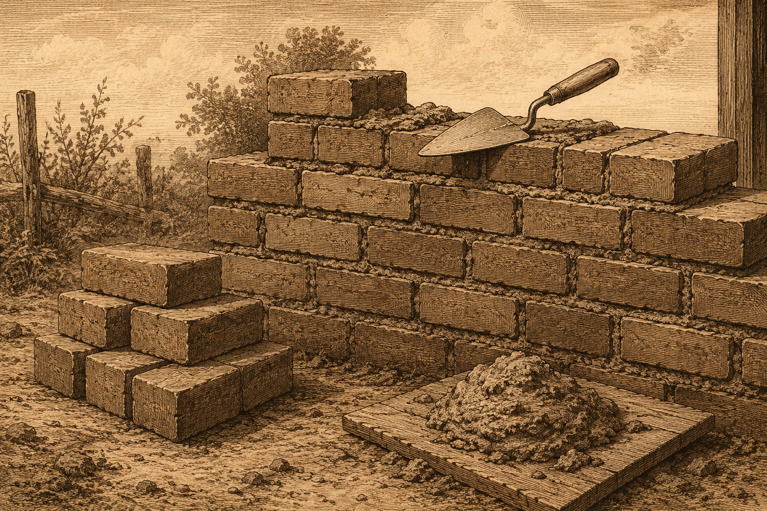 Vintage engraving of a half-built brick wall with a mason's trowel and bricks