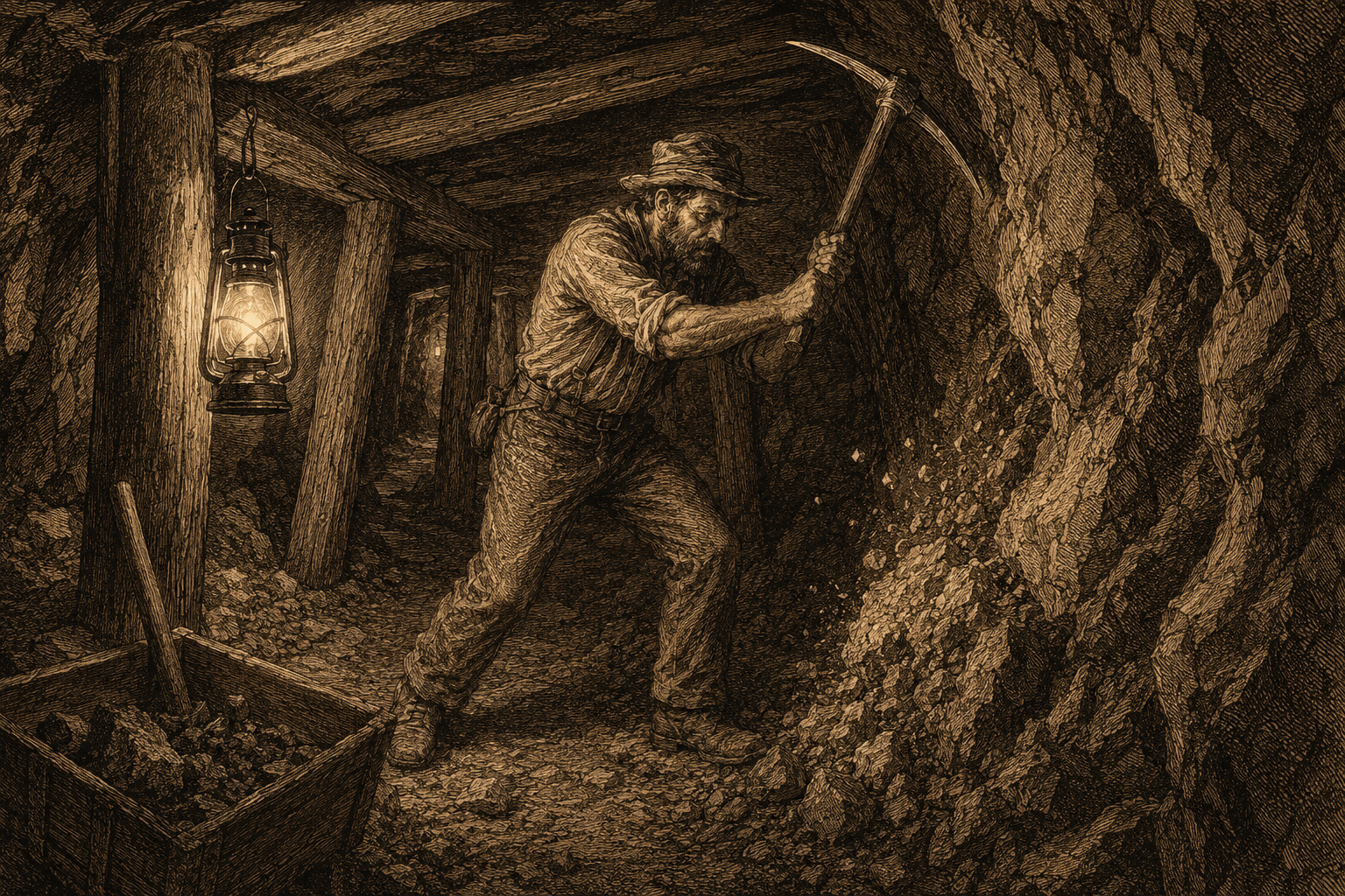 Vintage engraving of a lone gold miner swinging a pickaxe in a lantern-lit mine