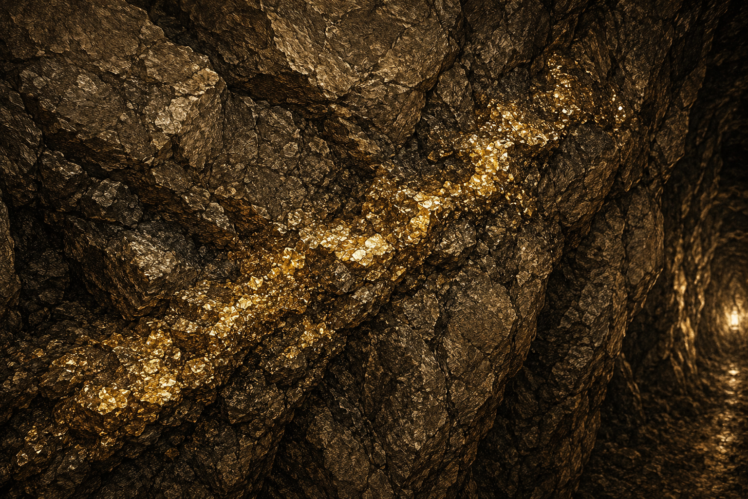 Vintage engraving of a glittering vein of gold ore in dark cracked rock