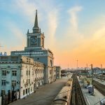 Volgograd embankment illuminated in the evening