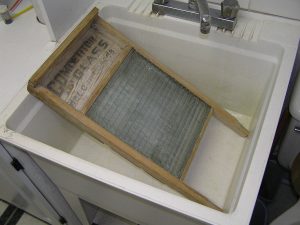 A washboard, used to scrub laundry by hand