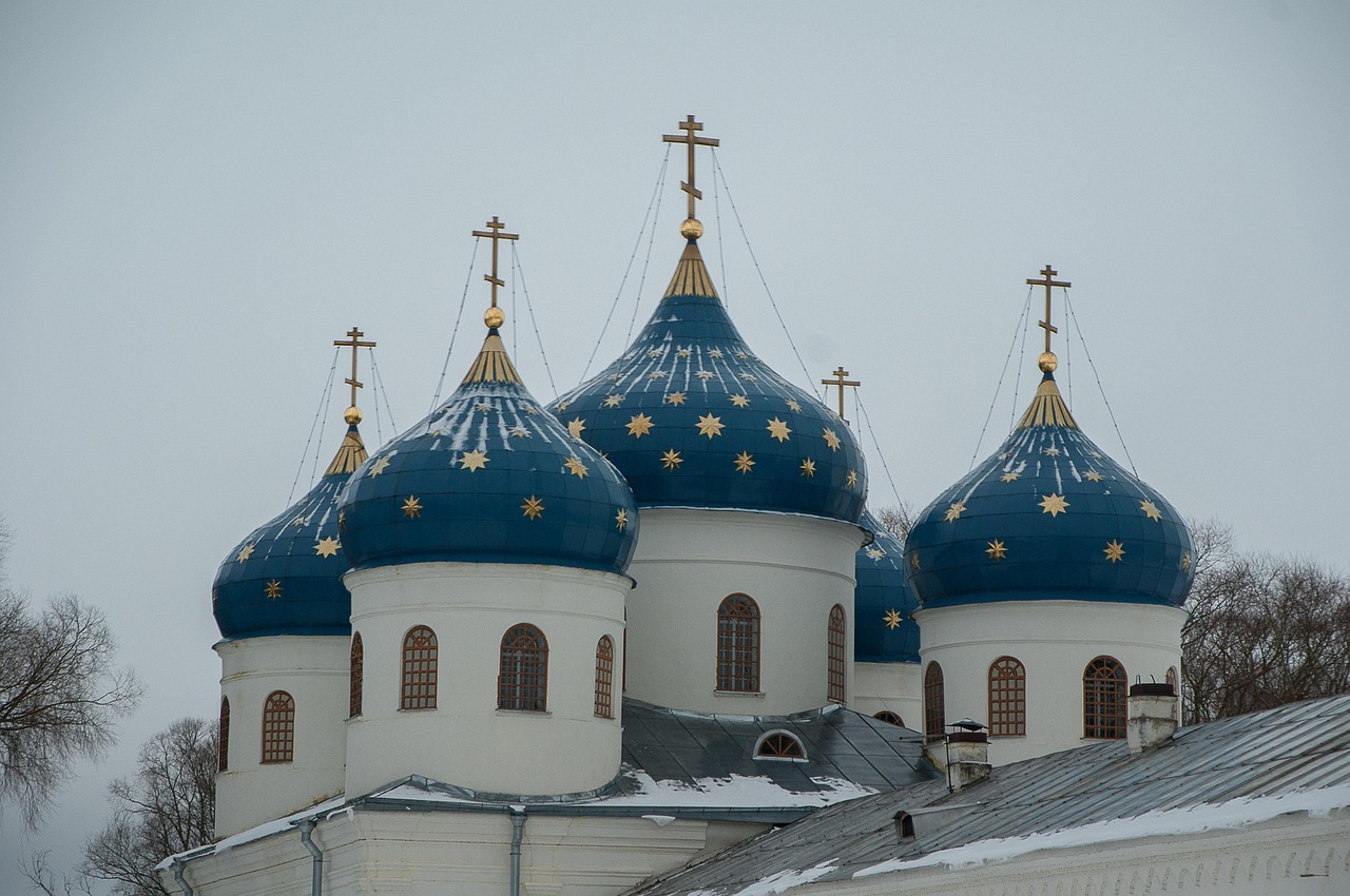 Churches of Yaroslav Court beside the Volkhov River in Novgorod
