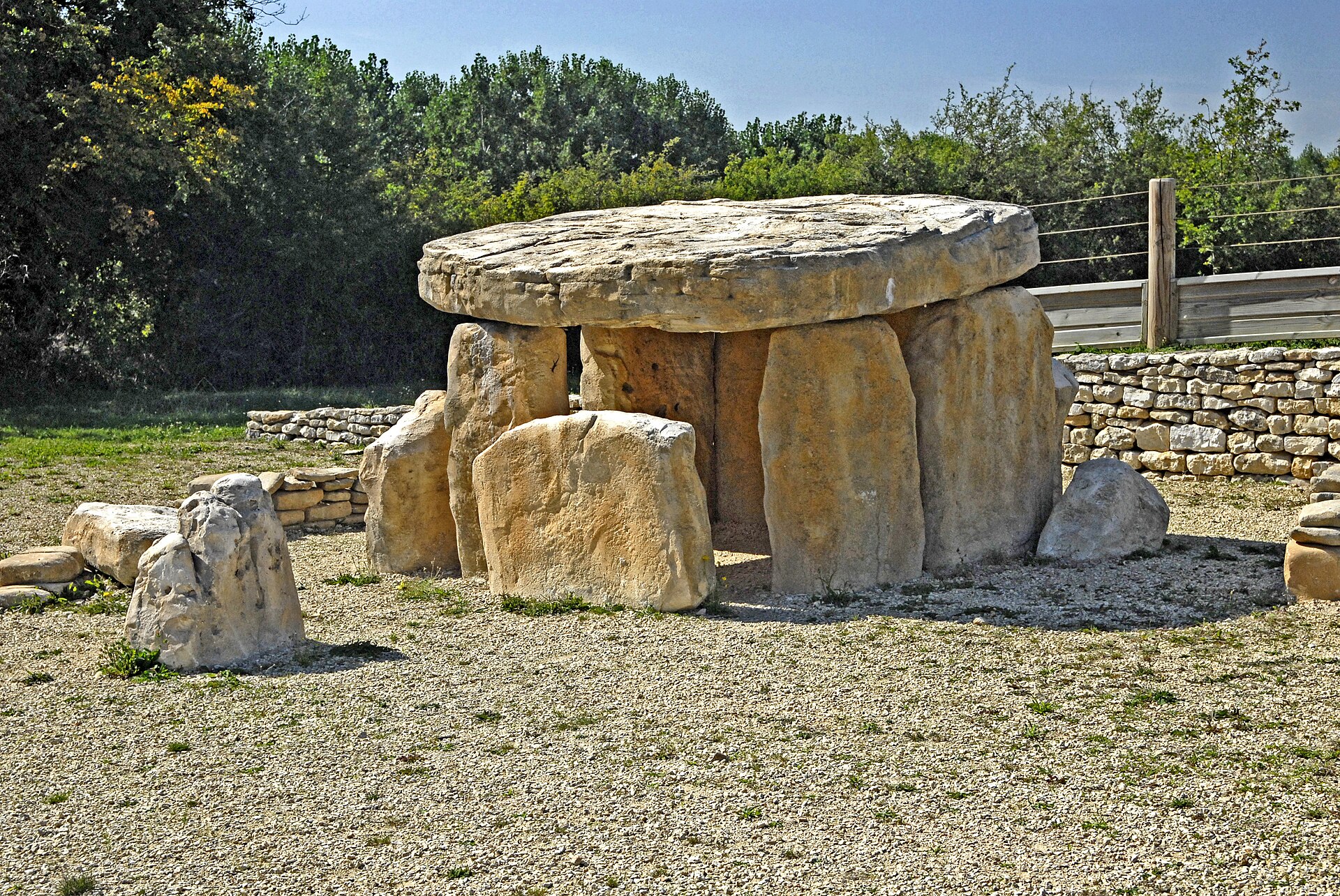 A reconstructed dolmen showing how the capstone rested on upright slabs