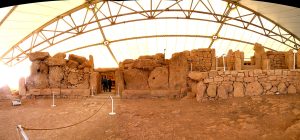 The Mnajdra temples set on a low bluff above the Mediterranean Sea