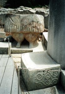 The lower half of a colossal statue, the famous "Fat Lady" of Tarxien