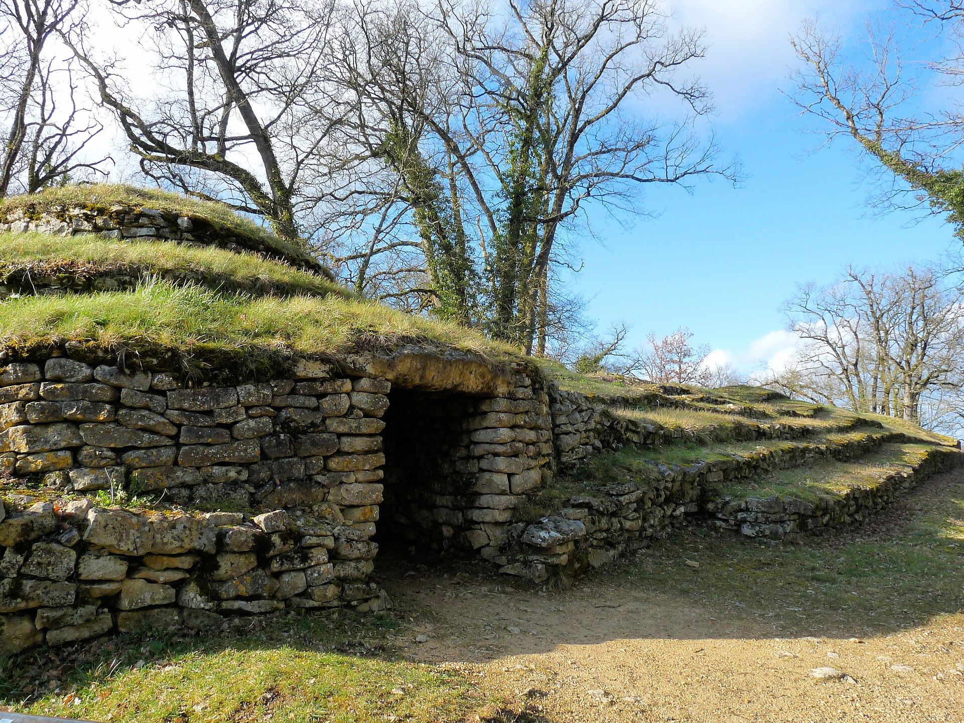 One of the grassy burial mounds at Bougon under an open sky