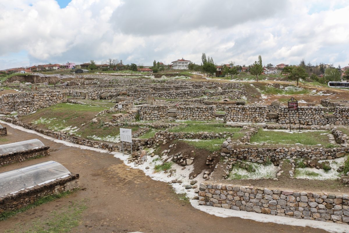 Wide view of the excavated mound and structures at Alacahoyuk