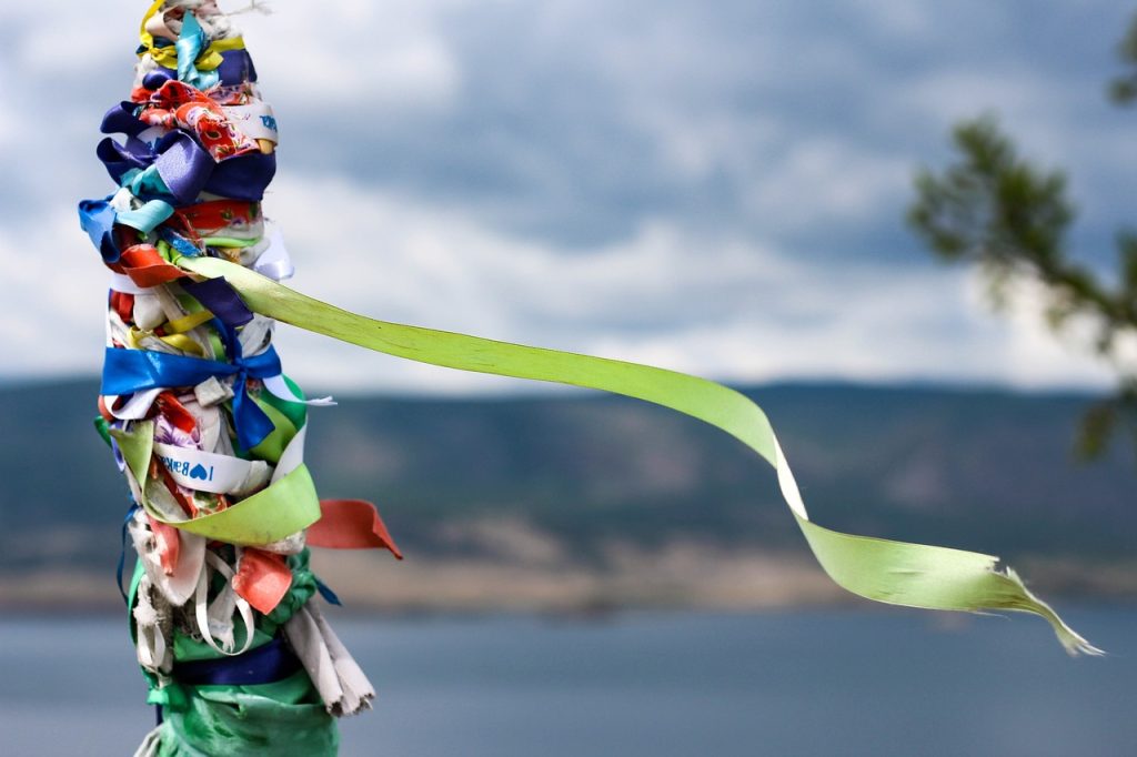 Sacred ribbons tied at a holy place above Baikal