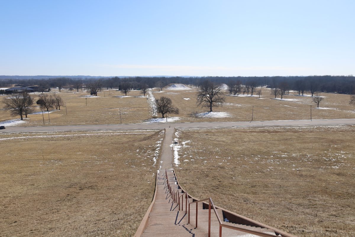 View of Monks Mound at the Cahokia Mounds site, the largest earthwork in pre-Columbian North America