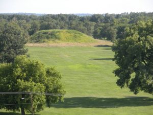 Cahokia Mounds World Heritage Site marker and grounds in Illinois