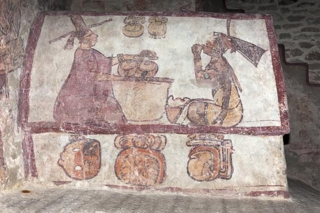 Chiik Nahb mural at Calakmul depicting a Maya woman offering tamales