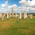 The Callanish stones standing in their cross-shaped setting on the Isle of Lewis