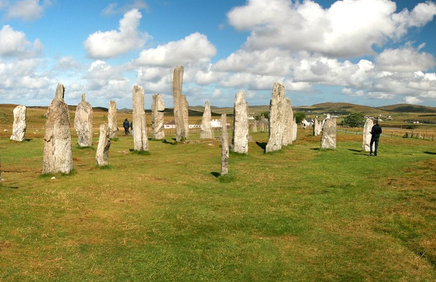 The Callanish stones standing in their cross-shaped setting on the Isle of Lewis