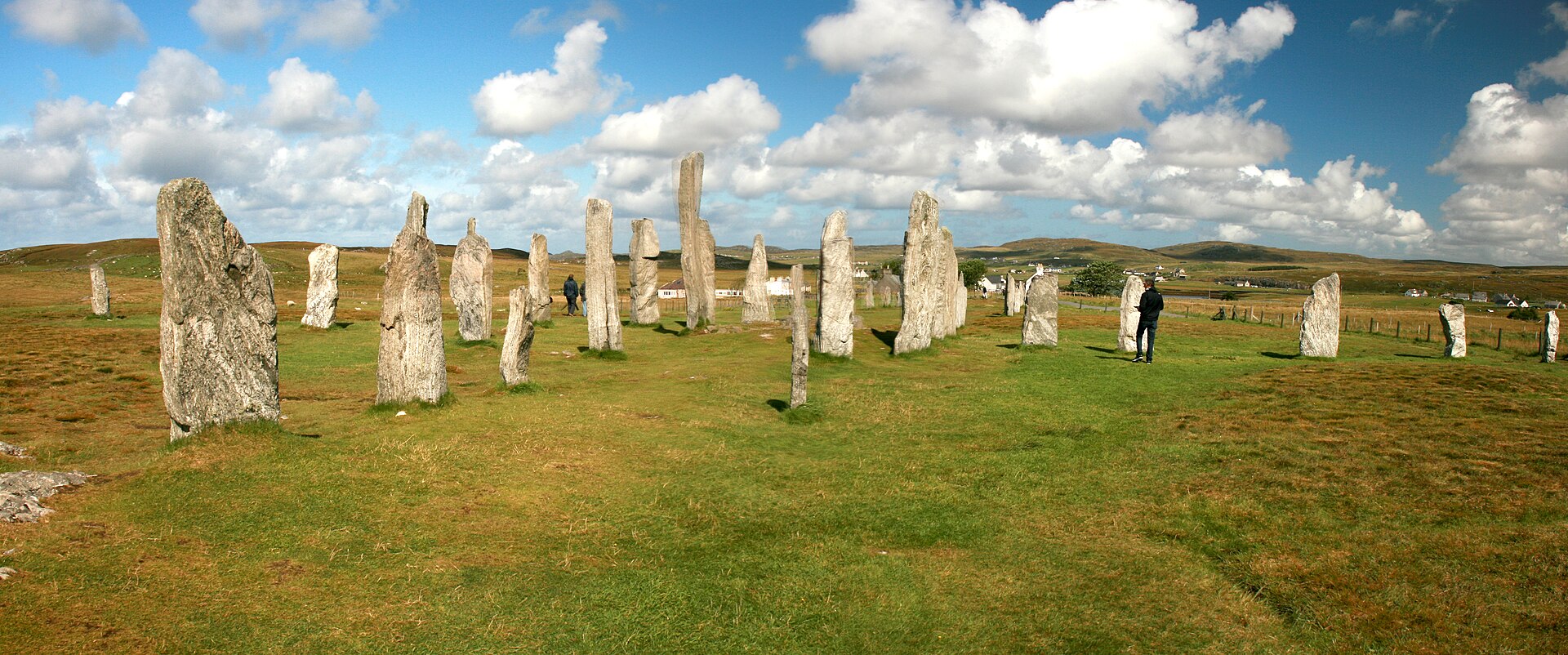 The Callanish stones standing in their cross-shaped setting on the Isle of Lewis